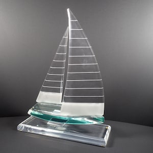Wintrade Beverly Hills CA Signed Clear Lucite Sailboat Nautical Sailing Sculpture Statue Figurine Clear Frosted Satin Acrylic 12 Inch Ht