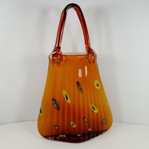 Murano Millefiori Amber Cased Glass Purse Handbag Shape Top Glass Handles Art Glass Vase Hand Blown Gold Golden Amber Multicolor Millefiori