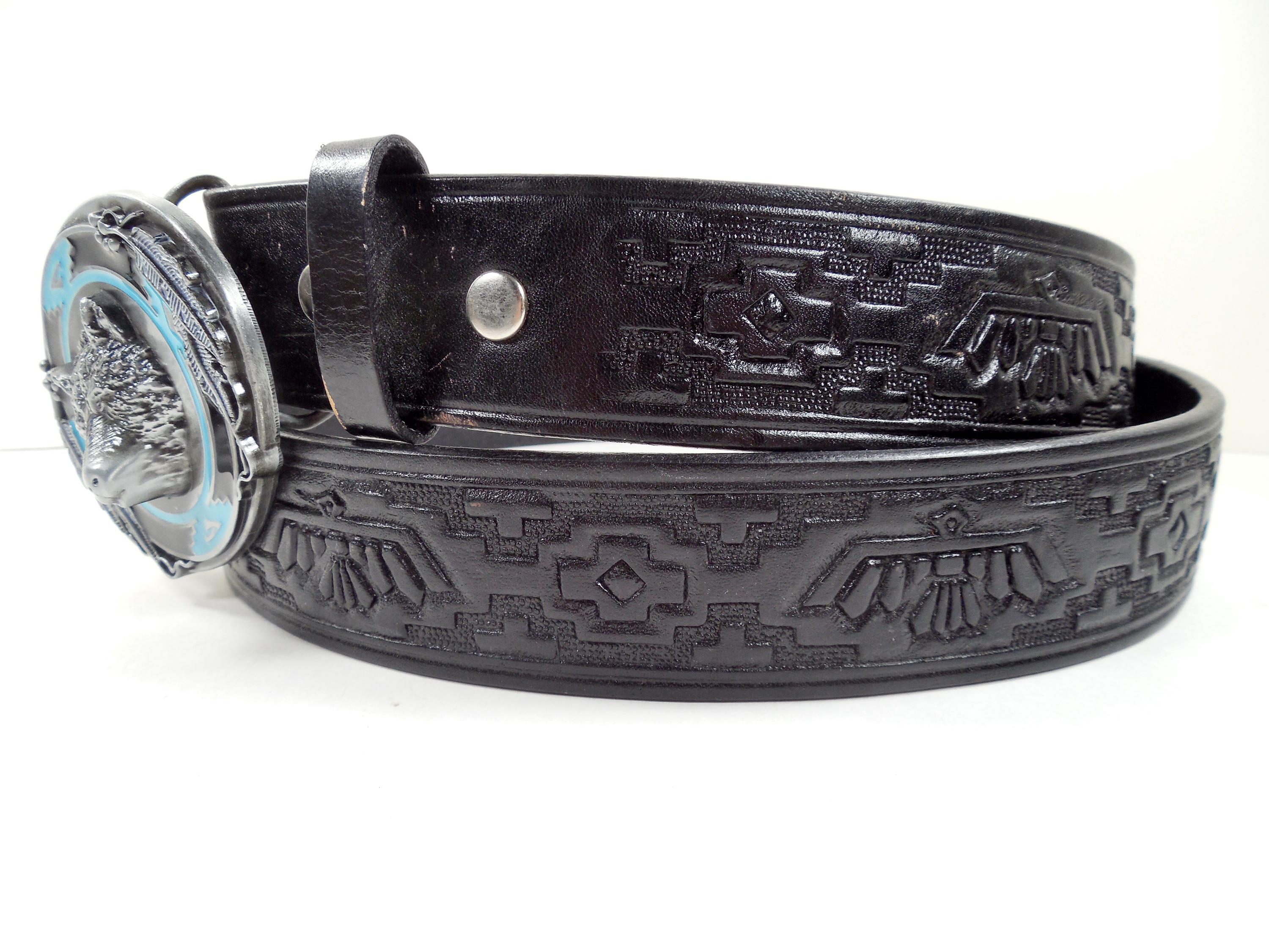 Native American Thunderbird Aztec Design Tooled Black Leather Belt Size ...