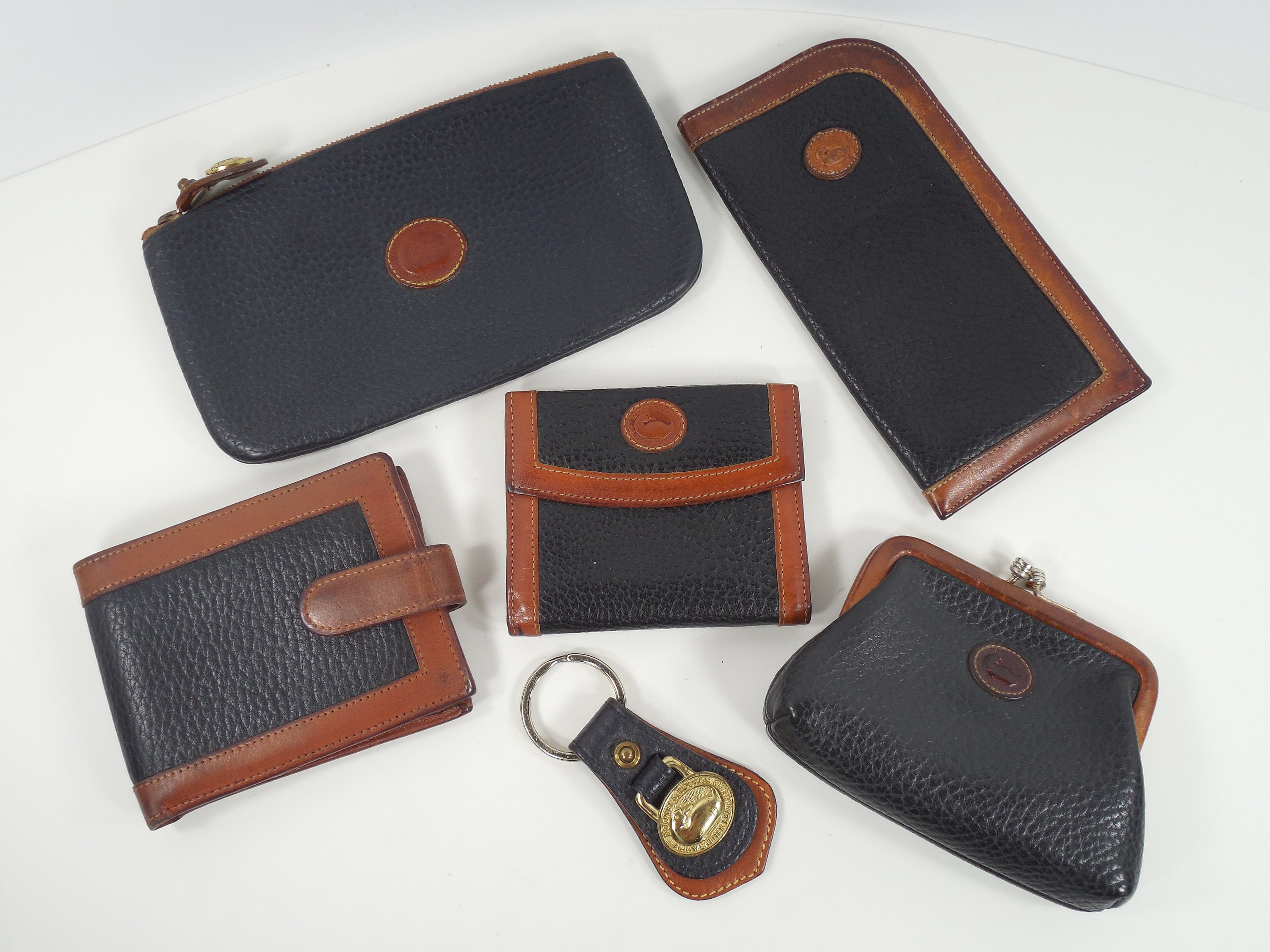 Dooney Bourke Black British Tan Leather Six 6 Piece Set Cosmetic Case Eye  Glass Case Wallet Credit Card Wallet Kiss Lock Coin Case Keychain
