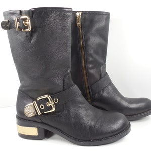 Vince Camuto Winchell Moto Mid Calf Black Leather Boots Size 6 Gold Tone Metal Hardware Accents Buckles Side Zipper Motorcycle Combat Boots