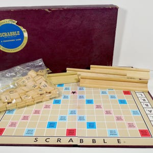 Scrabble A Crossword Game Set Mid Century Dated 1953 By Selchow & Righter Folding Game Board Wood Wooden Alphabet Letter Discs And Stands