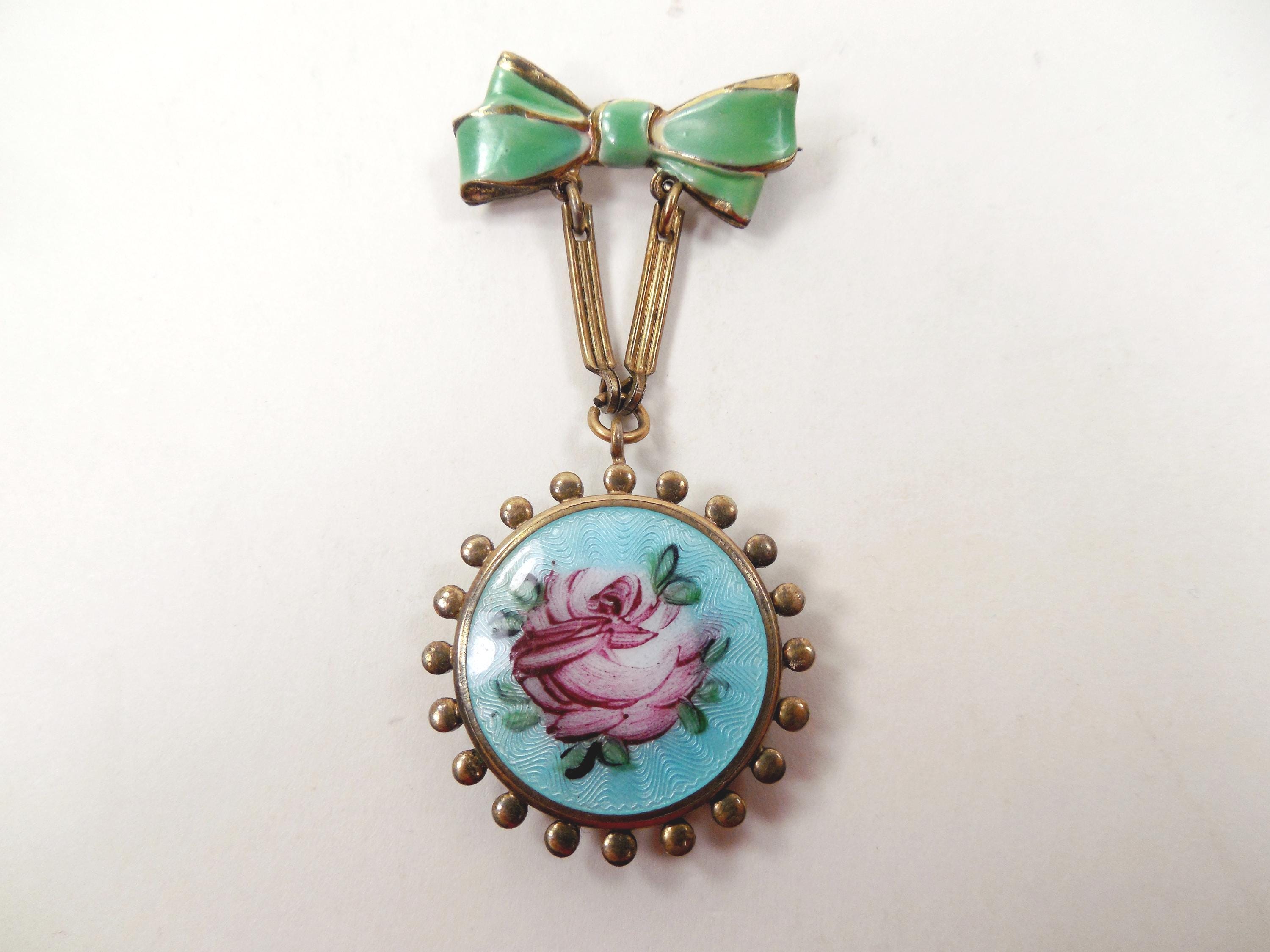 Blue Guilloche Enamel Hand Painted Pink Rose Flower Green Enamel Bow ...