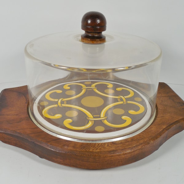 Mid Century Modern MCM Wood Wooden Covered Acrylic Cloche Chess Tray Plate Platter Round Ceramic Brown Tan Yellow Swirl Fred Press Trivet