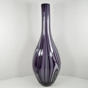 Amethyst Purple White Art Glass Vase By Crate & Barrel Hand Blown Crafted Free Form Purple White Swirl Design Pulled Stretch Neck 15 Inch Ht