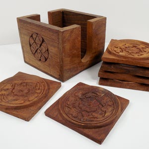 Carved Wood Wooden Coaster Set And Display Storage Box Solid Wood Set of Six 6 Square Shape Hand Crafted Embossed Engraved Floral Design