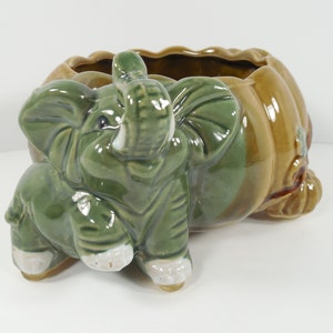 Mid Century MCM Majolica Style Trunk Up Elephant Figurine Clay Pottery Bowl Planter Green Baby Elephant Brown Pumpkin Squash Shape Bowl