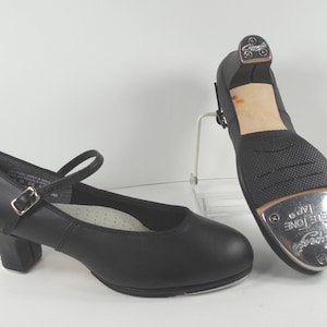 Capezio Black Leather Mary Jane Dance Shoes Tap Dance Shoes Size 6 M Medium 1 1/2 Inch Heel Leather Sole Capezio Tele Tone Tap Heel And Toe