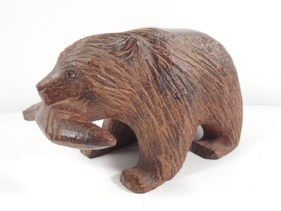 Ironwood Carved Wood Wooden Bear Carrying Fish in Mouth Sculpture
