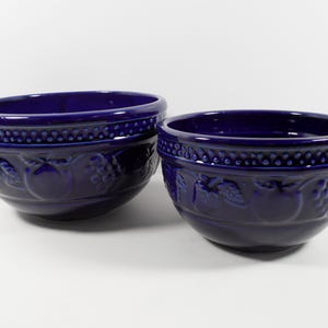 Cobalt Blue Stoneware Earthenware Ceramic Nesting Mixing Bowl Set Of 2 Two Fruit Design Apples Strawberries Grapes Leaf Hobnail Accents