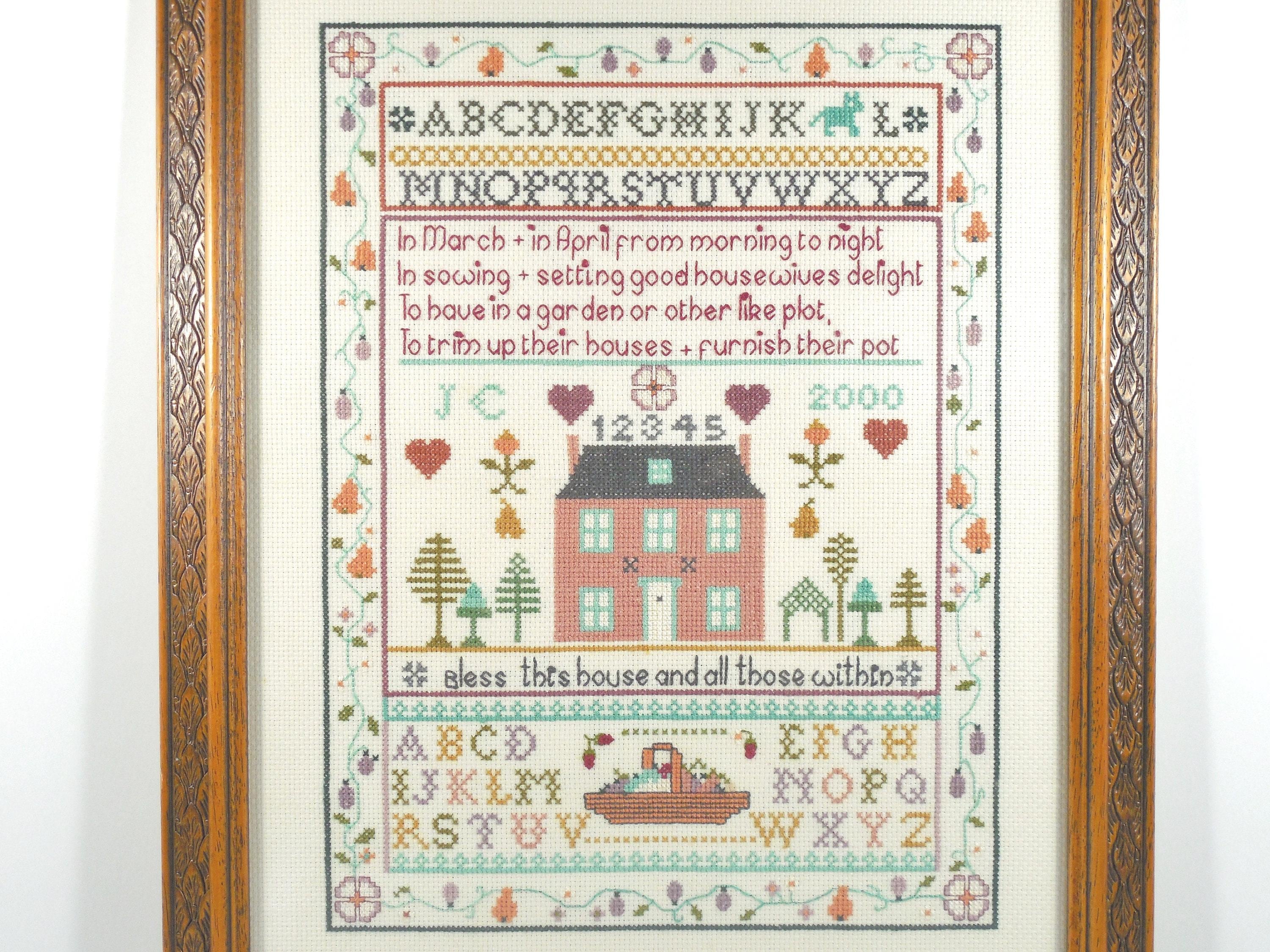 Wood Framed Completed Needlepoint Cross Stitch Sampler Design Wall Art Bless This House And All Those Within And Gardening Quote Date 2000