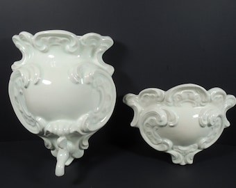 French Victorian Art Nouveau Design Ceramic Light Mint Green Lavabo Faux Water Fountain Spigot Basin Wall Pocket Vase Planter Two 2 Pieces