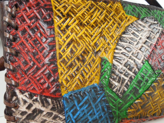 Patchwork Tooled Leather Signed KK Hand Crafted P… - image 4