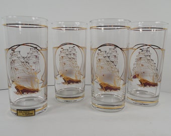 Culver Ship Highball Glasses Set Of 4 Four 22 KT Karat Gold And Burgundy Full Rigged Ship Schooner Clipper Sailing Sail Boat Vessel 12 ozs