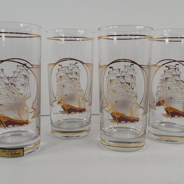 Culver Ship Highball Glasses Set Of 4 Four 22 KT Karat Gold And Burgundy Full Rigged Ship Schooner Clipper Sailing Sail Boat Vessel 12 ozs