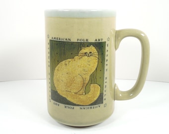 American Folk Art Artist Warren Kimble Cat Kitty Kitten Otagiri Japan Mug Ceramic Beige Tan Ivory Off White Tan Green Folk Art Sitting Cat