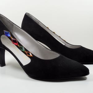 Bruno Magli Black Suede Nubuck Leather Pumps Size 8 AA Bologna Made In Italy Open Side Cut Out Red Green Blue Orange Diamond Shape Crystals