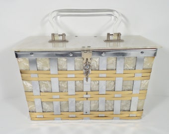 Dorset Rex Lunch Box Handbag Purse Lucite Handle White Mother Of Pearl Design Frosted Starburst Lucite Silver Gold Basket Weave Metal 1950s