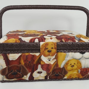 Portable Handle Sewing Box Basket Caddy Notions Craft Jewelry Beads Organizer Brown White Gold Dog Characters Fabric Cover Removable Tray