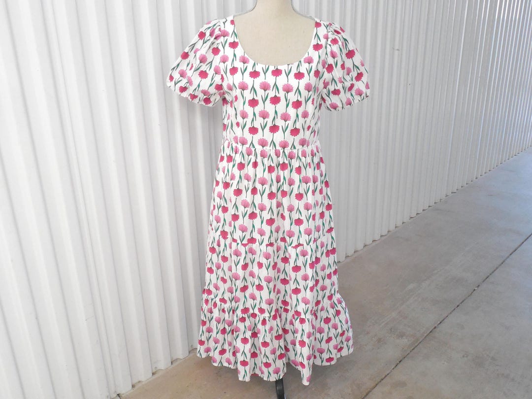 j crew pink floral dress J. Crew Re Imagined Poplin Cotton Spring Pink Fushia Floral Flowers Puffed  Sleeve Scoop Neck Side Pockets 3 Tiers Tiered Midi Dress Size 10