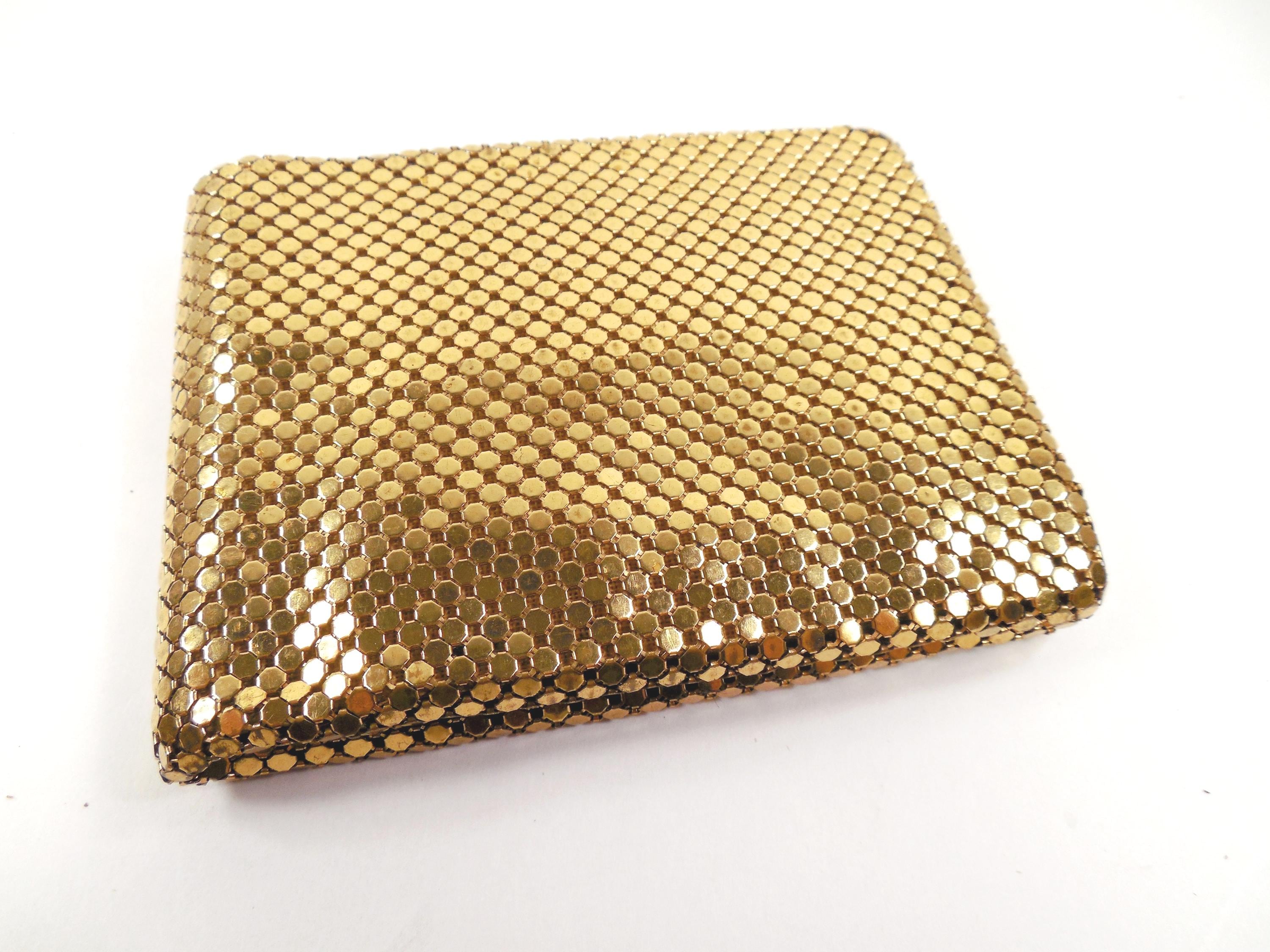 Whiting And Davis Gold Metal Mesh Bi Fold Wallet Billfold Gold Chainmail Metal Black Fabric Interior Snap Coin Purse Paper Currency Pocket