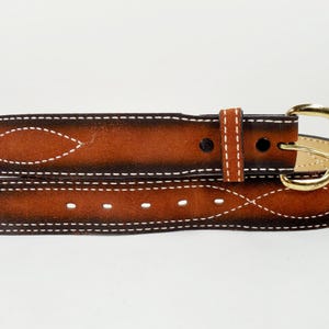 TOREL Brown Suede Nubuck Burnished Finish Leather Western Belt Brass Belt Buckle Size 34 Gunslinger Stitching Split Cowhide Bonded Lined