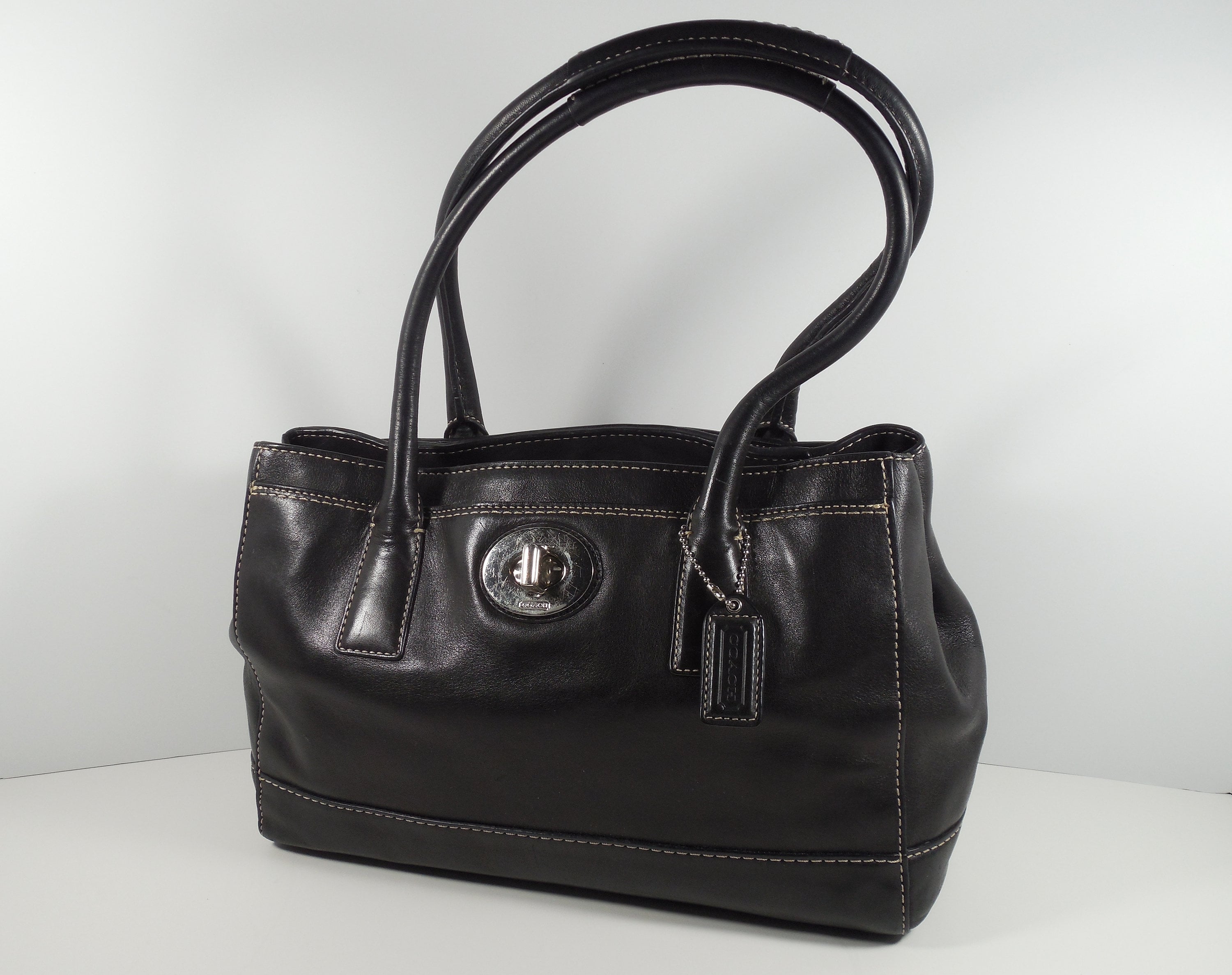 バッグ coach leather 2way hand bag vintage Coach Madeline Black Leather Purse Handbag Satchel Double Top