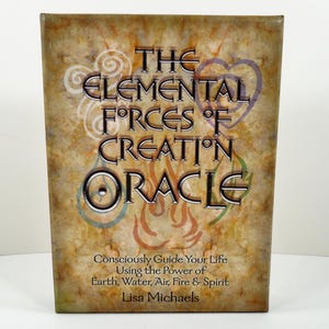 May include: A book titled "The Elemental Forces of Creation Oracle" with a textured, sepia-toned cover. The title is in a stylized font, with additional text below. The cover features swirling designs and symbols in shades of blue, purple, and orange.