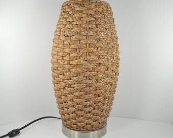 Mid Century MCM Woven Raffia Seagrass Straw Table Lamp Curved Cylinder Shape Hand Weaved Braided Raffia Straw Metal Frame Wicker Rattan Lamp