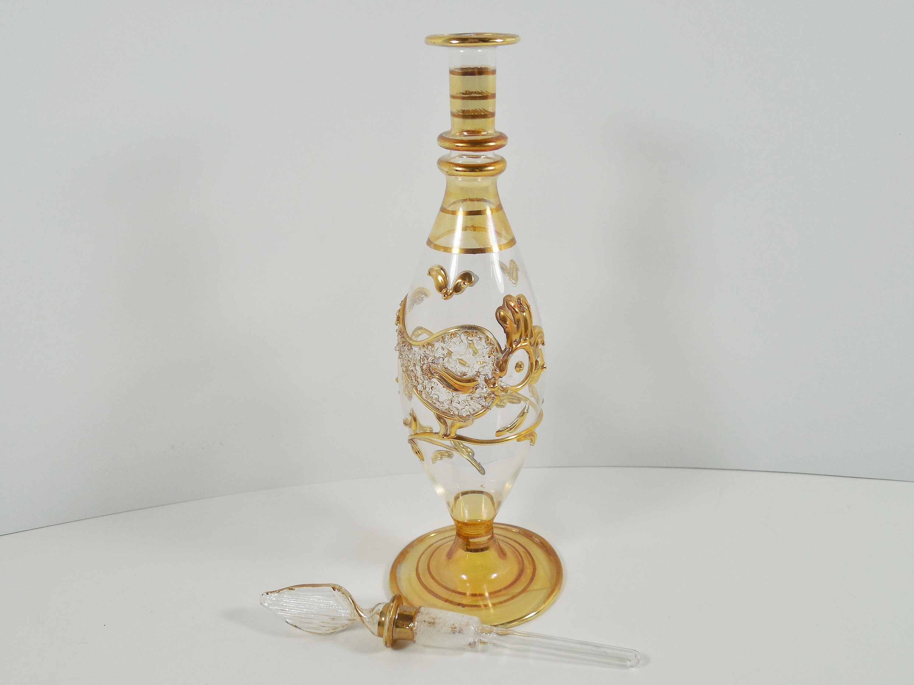 Egyptian Art Glass Perfume Bottle Made In Egypt Clear Glass Gold Accents Raised Gold Bird Floral Scroll Design Glass Perfume Dabber Stopper