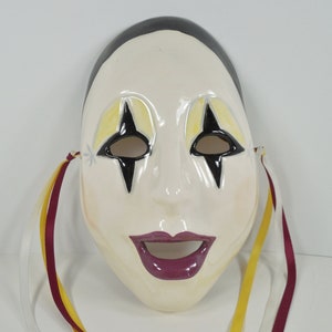 Ceramic Clay Art Wall Art Harlequin Mime Face Mask Wall Hanging White Ceramic Hand Painted Red Black Yellow New Orleans Mardi Gras Style