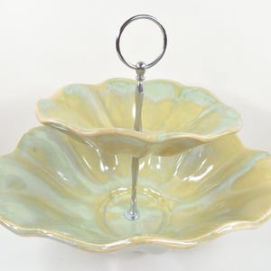 Mid Century Modern MCM Green Lava Drip Pottery Ceramic Two 2 Tier Silver Metal Handle Tray Platter Bowl Oval Shape Ribbed Scalloped Design