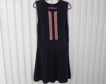 Tommy Hilfiger Navy Blue Knit Dress Size L Large Red And White Trim Pull Over Sleeveless A Line Fit & Flare Skirt Original Tag Vintage New