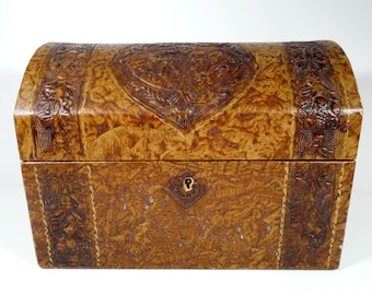 Italian Florentine Leather Treasure Chest Gentlemen&#39;s Jewelry Box Dresser Valet Italy Embossed Tooled Two Tone Brown Leather Removable Tray