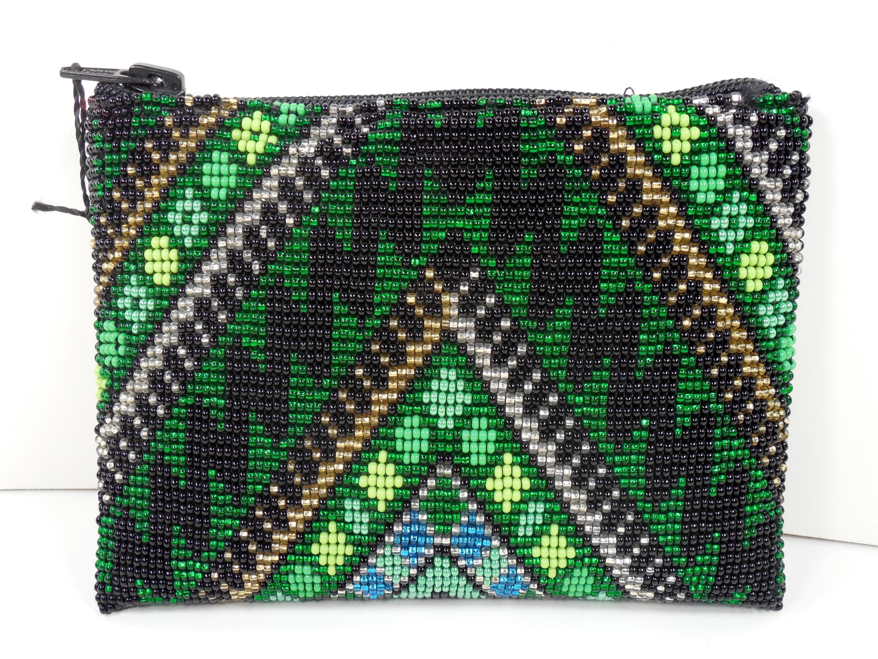 Beaded Coin Purse Wallet Clutch Hand Beaded Chevron Zig Zag Diamond Aztec Design Multicolor Green Teal Blue Black Gold Beads Zippered Top