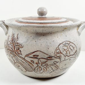 Pottery Stoneware Lidded Covered Casserole Bean Pot Artist Signed Hand Thrown Pale Gray Speckled Glaze Hand Painted Brown Gray Vegetables