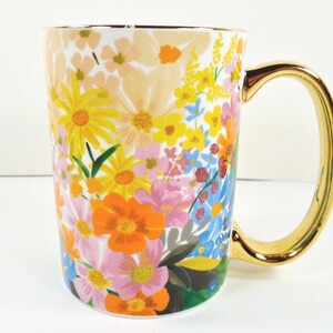 Anthropologie Rifle Paper Co. Marguerite Porcelain Floral Coffee Mug Colorful Multicolor Assorted Flowers Gold Metallic Handle And Trim image 1
