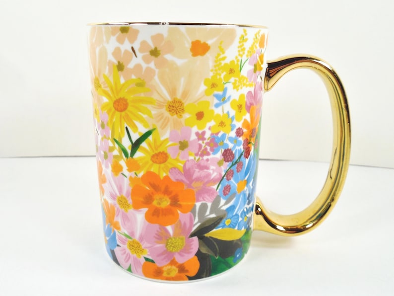Anthropologie Rifle Paper Co. Marguerite Porcelain Floral Coffee Mug Colorful Multicolor Assorted Flowers Gold Metallic Handle And Trim image 1