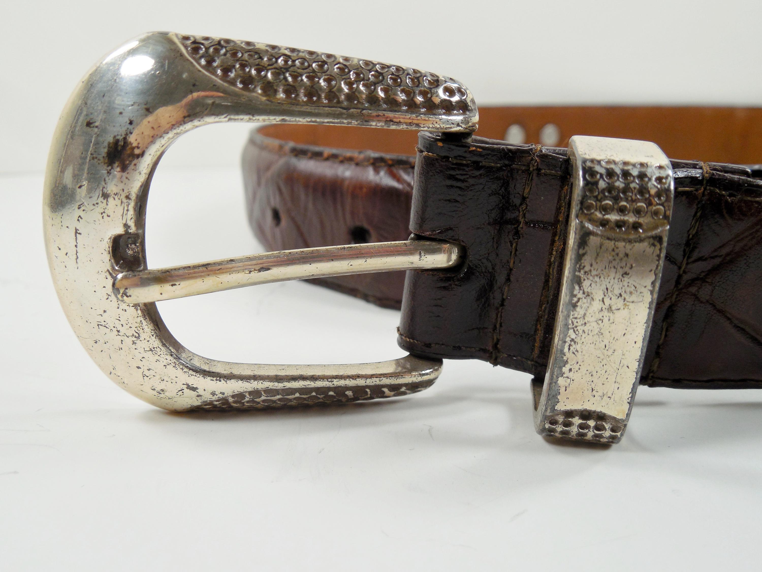 Vintage Leather Golf Concho Belt Size 36 Brown Croc Alligator Print Brown Embossed Croc Crocodile Gator Alligator Full Grain  main image 4