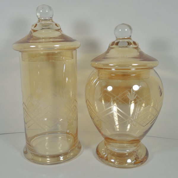 Amber Champagne Etched Glass Lidded Apothecary Ginger Jar And Cylinder Apothecary Jar Set of Two 2 Etched Diamond Design Candy Jar Canister