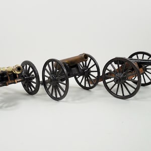 Brass Cast Metal Cannon Figurine Sculpture Statue Set 3 Three Miniature Cast Metal Moving Wheels Civil War Military Field Artillery Replica