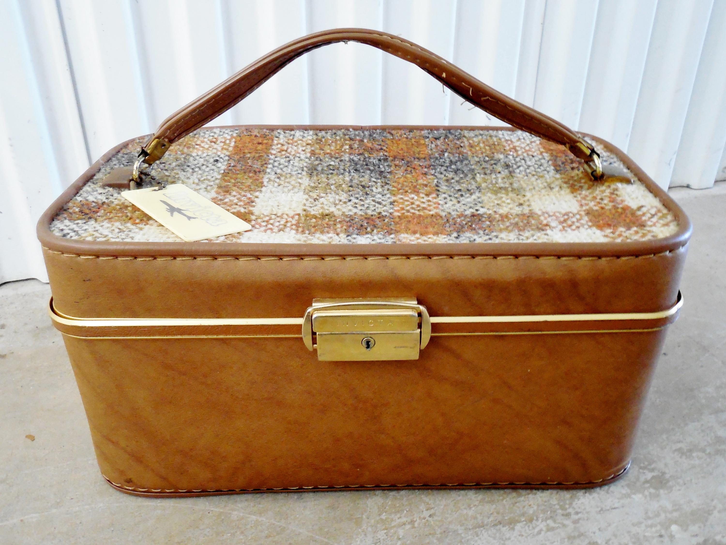 Mid Century Invicta Brown Grey Tan Plaid Tweed Canvas Brown Faux