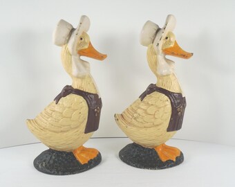 Cast Iron Pot Metal Yellow Duck White Bonnet And Apron Bookends Doorstop Door Stop Stopper Figurine Set Of Two 2 Solid Metal Hand Painted