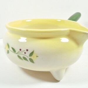 Brock Of California Pottery Farmhouse Yellow Flower Accent Green Handle 3 Footed Bowl Batter Bowl Gravy Boat Sauce Boat Sauciere Sauce Bowl