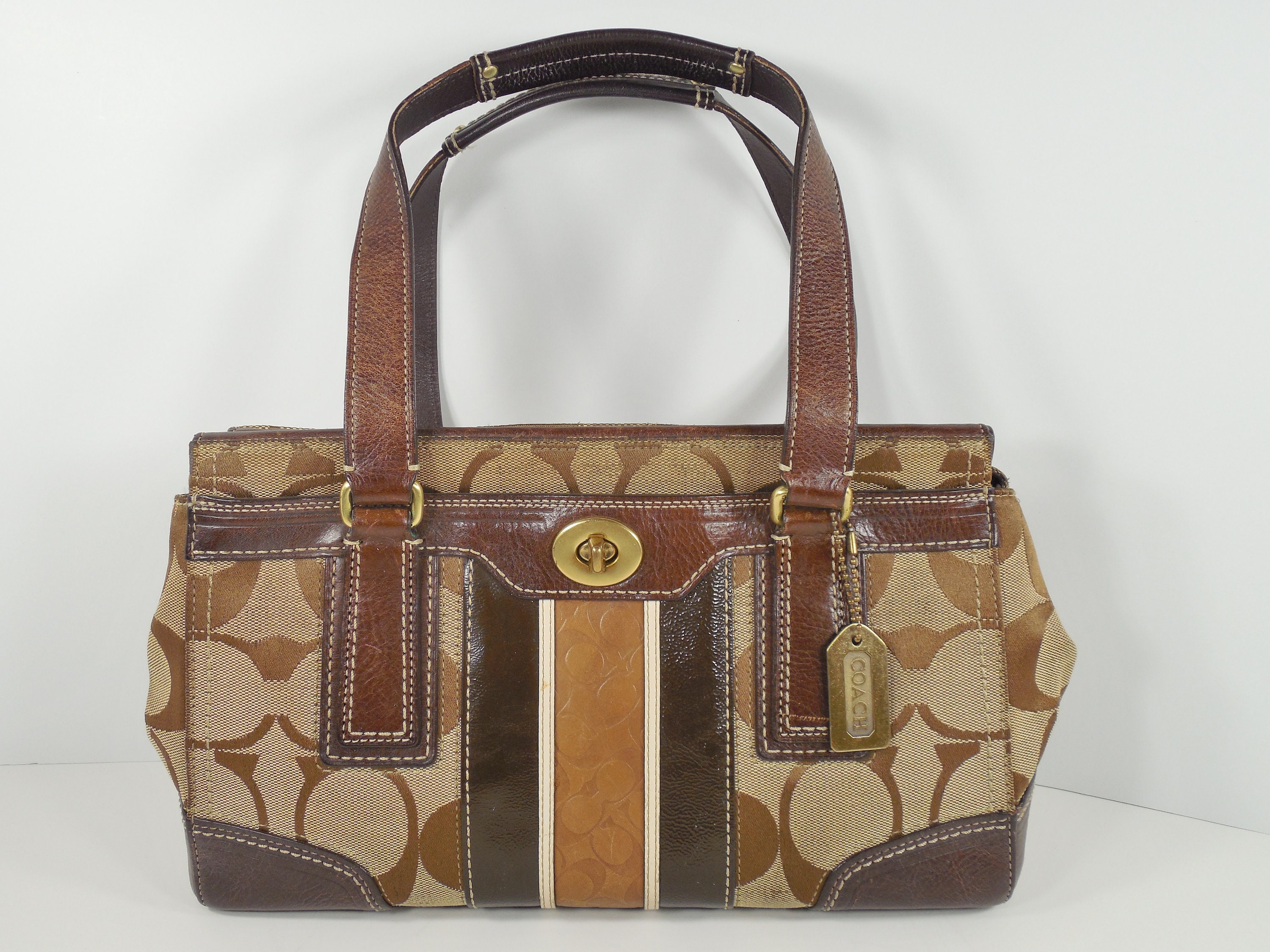 Coach Brown Leather Signature Canvas Hamptons Bag Purse