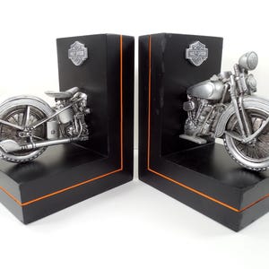 Harley Davidson 1957 XL Sportster Silver Metal Motorcycle Figurine 2004 Hallmark Figural Bookends Black Enamel Painted Wood Orange Accents