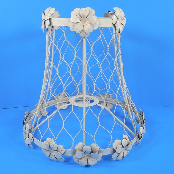 White Metal Flower Chicken Wire Table Lamp Shade Metal Frame Chicken Wire Diamond Shaped Wire Metal Flowers Painted Shabby Antiqued White