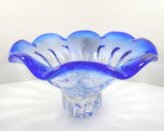 Cobalt Blue Art Glass Bowl Shannon Crystal Ireland Large Ribbed Clear Glass Pedestal Footed Scalloped Blue Rim Edge Console Centerpiece Bowl