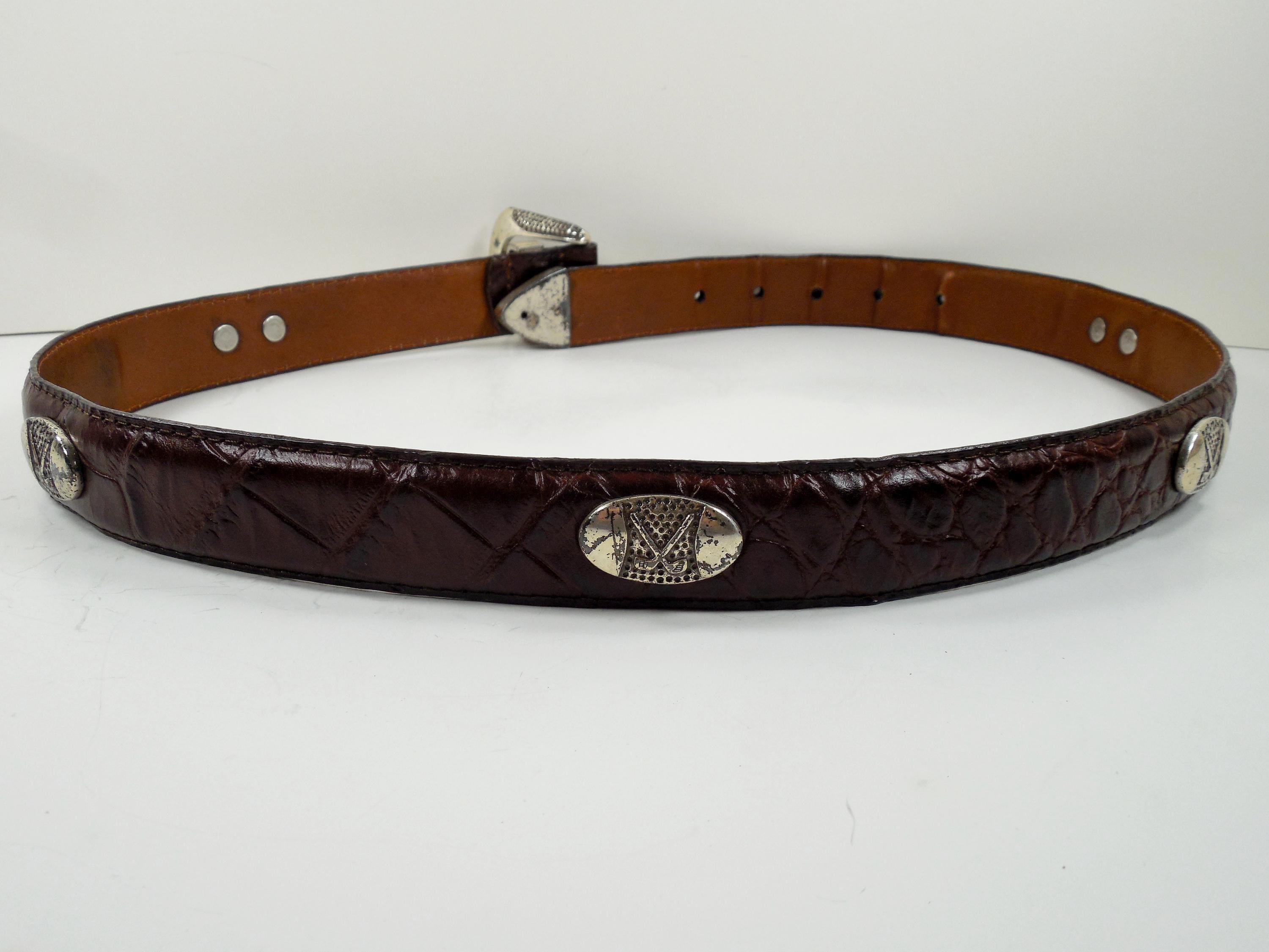Vintage Leather Golf Concho Belt Size 36 Brown Croc Alligator Print Brown Embossed Croc Crocodile Gator Alligator Full Grain  main image 3