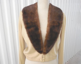 1950's Mid Century Beige Cream Imported Cashmere Dark Mahagony Mink Removable Collar Lace Lined Cardigan Sweater Jumper Jacket By Cynles